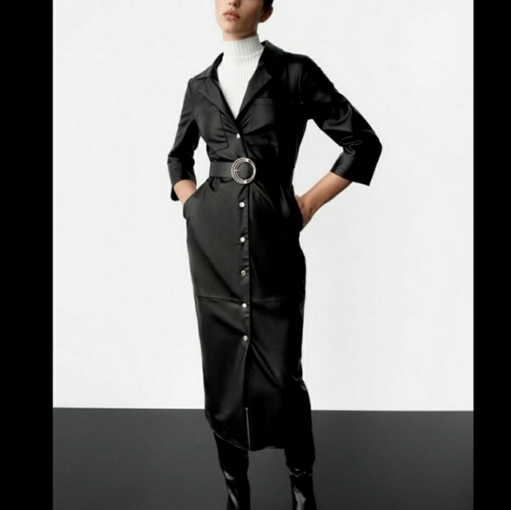 Zara Faux Leather Belted Snap Front midi Dress size S NWT